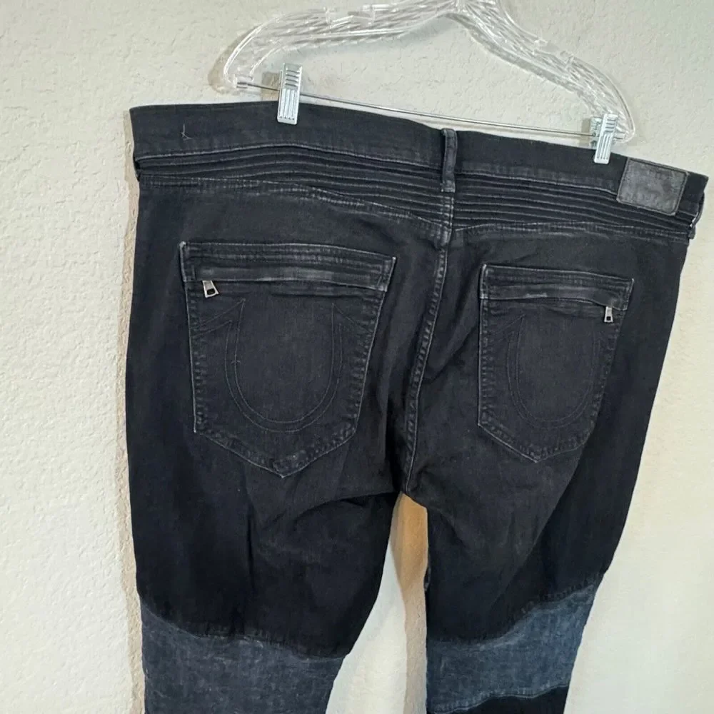 True Religion Mens 40x33 Rocco Relaxed Skinny blue black Moto Denim Jeans‎